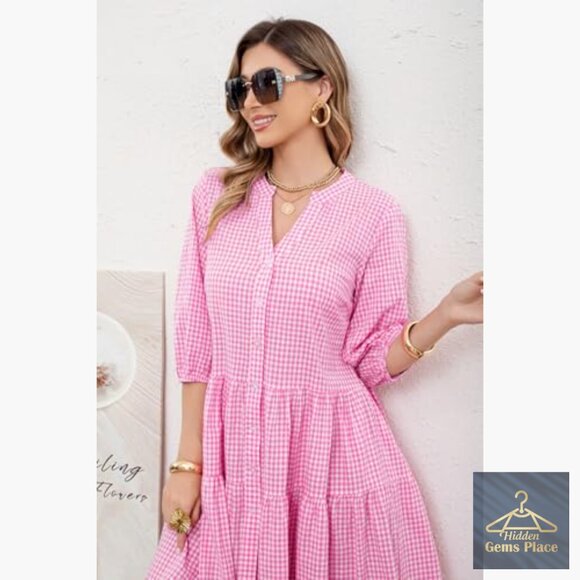 Plaid Shirt Dress with Puff Sleeves, Pockets, Midi Length, Casual Fit - Picture 4 of 7